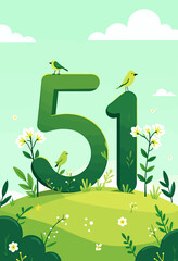 Green Number 51 with Birds and Flowers Landscape