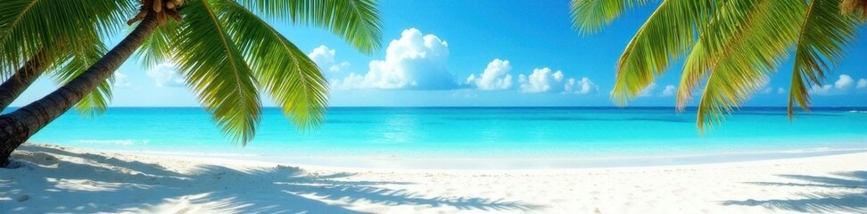 Fototapeta premium Crystal clear water, white sand beach, palm trees swaying gently, beach, luxury, tropical