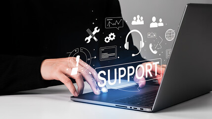 Customer Support Representative Using Laptop with Virtual Icons. Concept for Online Assistant and Help Desk Services