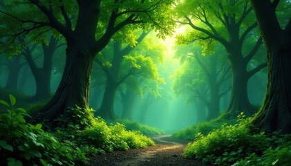 Obraz premium Deep emerald forest, towering trees, sunlit canopy , botanical, tall, green