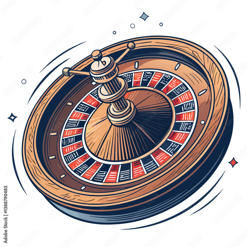 Poster create a bold, vector illustration of a roulette wheel in motion, emphasizing the spinning action wi