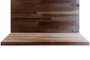 Empty wooden shelf on a wooden wall background texture. Copy space.