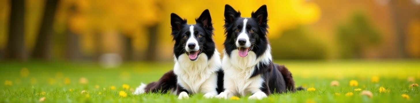 Elegant border collies posing together, vibrant outdoor setting , pets, joyful