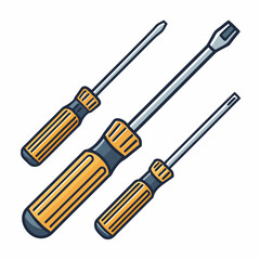 Create a vector illustration of a bold-stroke screwdriver set, emphasizing clean lines and strong contrast. Include various screwdriver types.