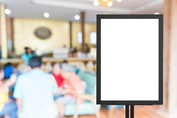 Mock up poster frame template in cafe table and seats interior advertising banner.