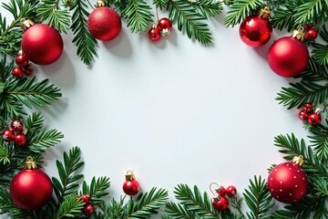 Elegant Xmas frame of classic red & green ornaments with white accents and winter branches , branches, christmas frame
