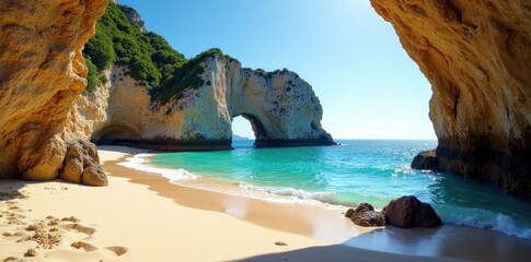 Empty Cathedral Cove; sunlit sands, turquoise sea, turquoise, empty