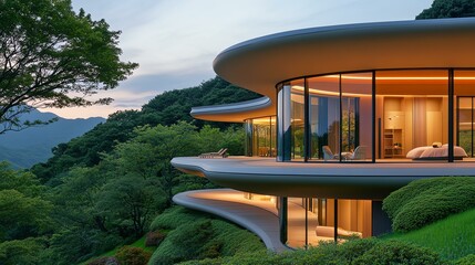 Fototapeta premium A modern, sleek building nestled in lush greenery showcases innovative architecture with panoramic windows, blending seamlessly into its natural surroundings, perfect for tranquil