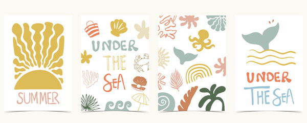 Summer groovy background with shell,fish tail,sun. graphic for a4 vertical design