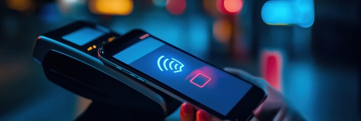 Sleek smartphone performs NFC payment at modern POS terminal in a stylish fintech environment with soft blue gradient lighting