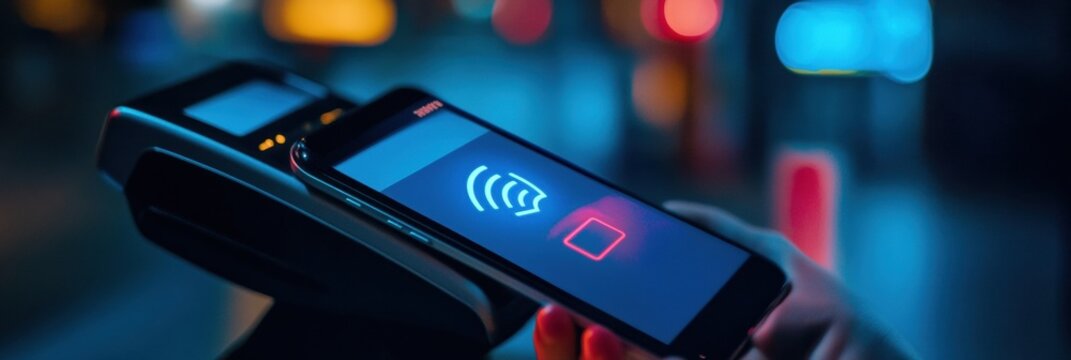 Sleek smartphone performs NFC payment at modern POS terminal in a stylish fintech environment with soft blue gradient lighting