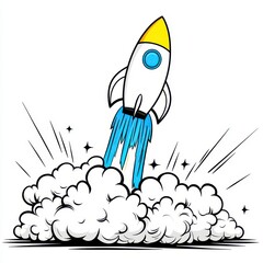 Cartoon Rocket Launching Through Clouds A Whimsical Illustration