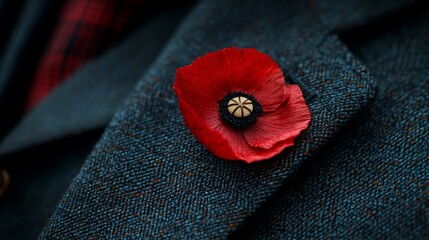 Close-up of Red Poppy Flower Lapel Pin on Blue Tweed Jacket Detail