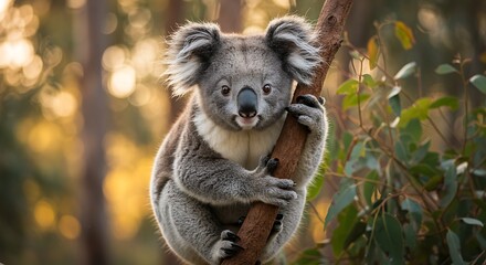 Fototapeta premium Cute Koala Bear Holding Onto Branch in Australian Forest Setting