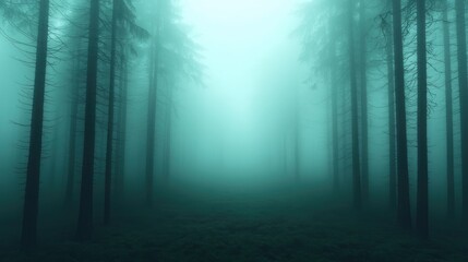 Obraz premium Mystical, dense fog envelops a tranquil forest path. Tall pines stand sentinel in a hazy, ethereal green light, creating a sense of mystery and wonder