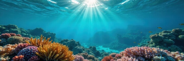 Fototapeta premium Coral reef visible beneath crystal clear water, underwater scene, marine life photography