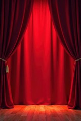 Crimson curtains rise, revealing bright stage, graphics, empty, lights