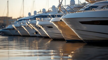 Row of sleek yachts moored in calm water reflecting soft sunset light