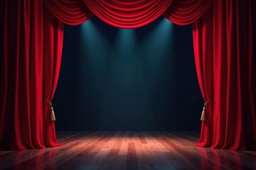 Fototapeta premium Crimson velvet curtains rise, revealing empty stage, stark spotlights , velvet, stage, curtain