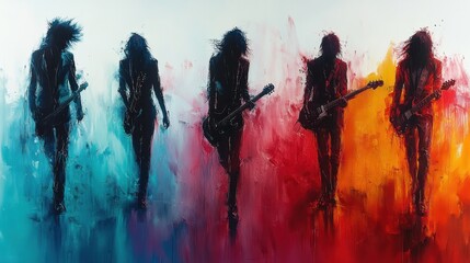 Silhouetted Musicians Performing with Electric Guitars in Vivid Colors