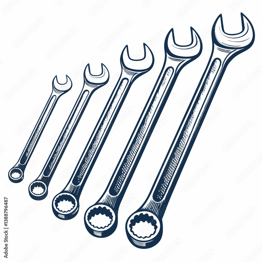 Poster create a bold vector illustration of a set of spanners, emphasizing thick outlines and strong lines.