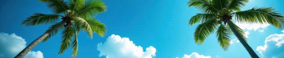 Deep blue sky, vibrant palm treetops, soft cloud detail ,  photo,  day