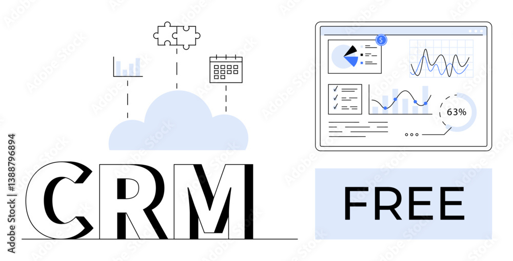 Poster crm text with linked cloud, charts, calendar, puzzle pieces, and analytics dashboard. ideal for busi