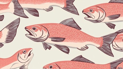 Artistic Salmon Shoal Illustration in Muted Coral and Grey tones
