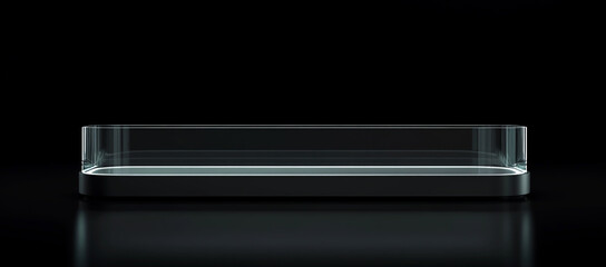 Sleek, Rectangular Glass Base with Rounded Edges on the Long Sides and Straight Sides, Set Against a Black Background