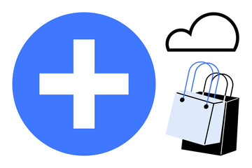 Blue medical cross, cloud graphic, and shopping bags highlight healthcare, online storage, retail, and e-commerce services. Ideal for healthcare, technology, retail online shopping cloud services