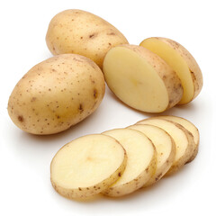 Raw whole and sliced potatoes on white background
