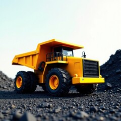 Obraz premium Gleaming yellow vehicle backdrop highlights rough black coal lump , truck, fossil fuel, industrial