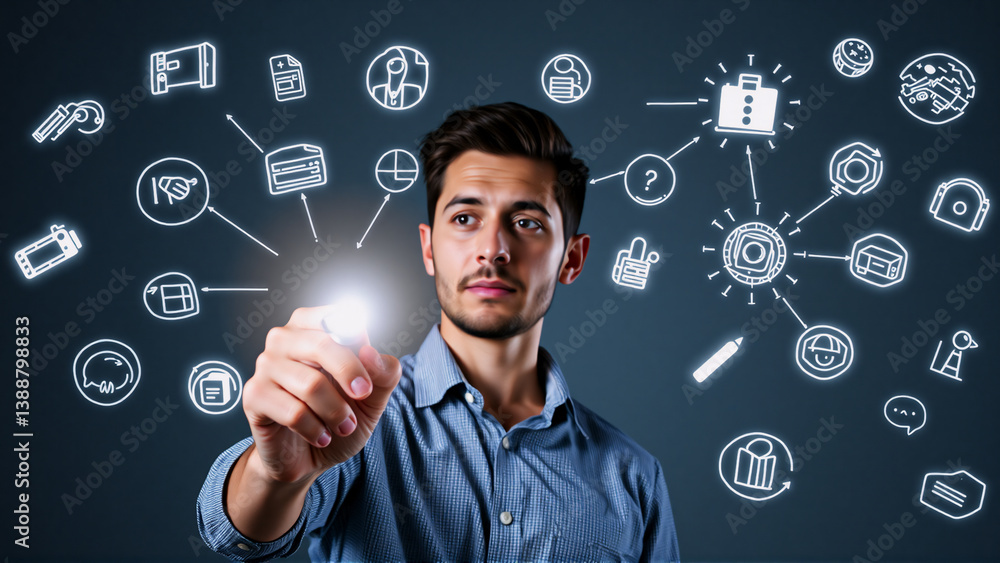 Poster a man interacts with virtual icons, touching a bright point on a dark background. various icons appe