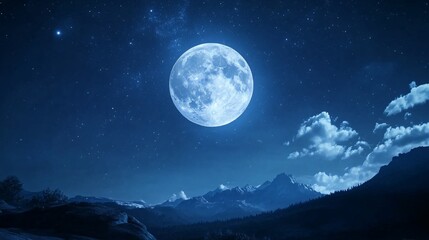 Full moon over mountains, night sky, starry backdrop, peaceful landscape, travel poster