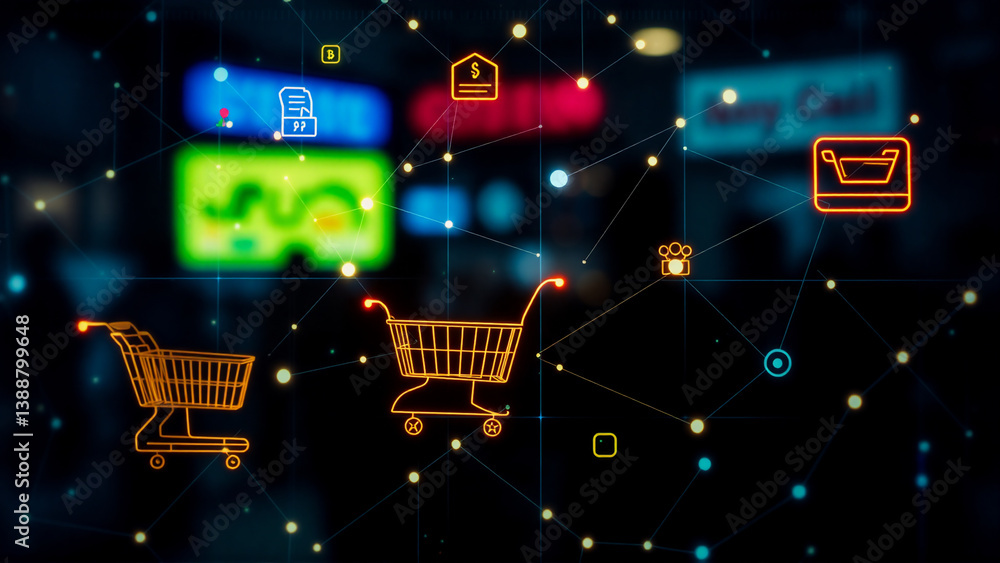 Poster orange shopping cart icons linked by lines form a digital network over a dark, blurred background wi