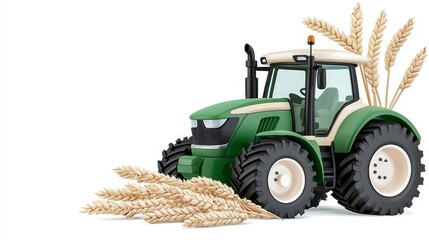 Obraz premium Green Tractor Amidst Golden Wheat Stalks on White Background