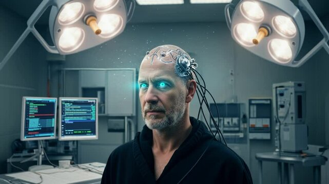Man undergoing advanced brain interface surgery in a high-tech medical facility showcasing futuristic technology