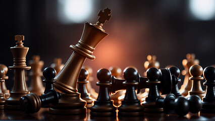 A chess game scene showing a fallen gold king piece surrounded by other chess pieces on a wooden chessboard. Dark and dramatic lighting.