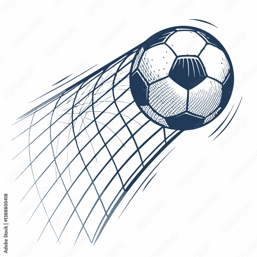 Poster create a vector illustration of a bold-stroked soccer ball mid-impact, emphasizing the force and mot
