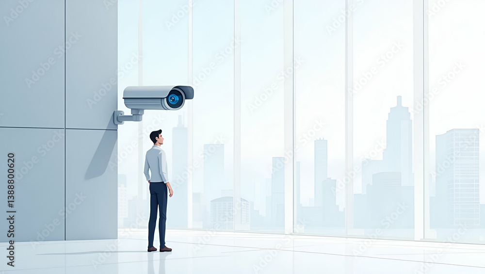 Poster flat wallpaper design showcasing ai powered surveillance integrated with expansive empty space and r