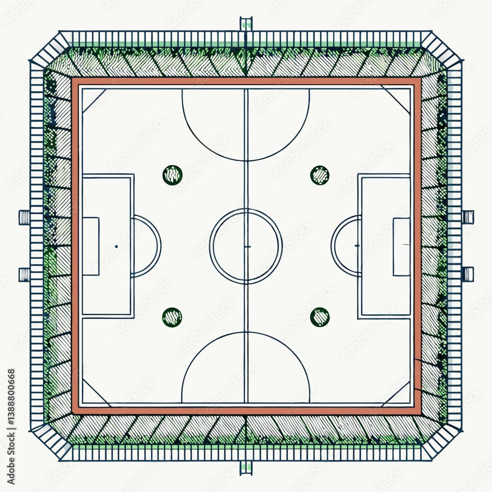 Poster create a bold, vector illustration of a soccer field's top view, emphasizing thick lines and sharp c