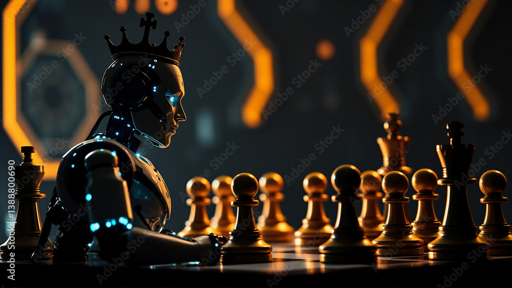 Poster a crowned robot is deeply engrossed in a chess game against an unseen adversary. the scene is set in
