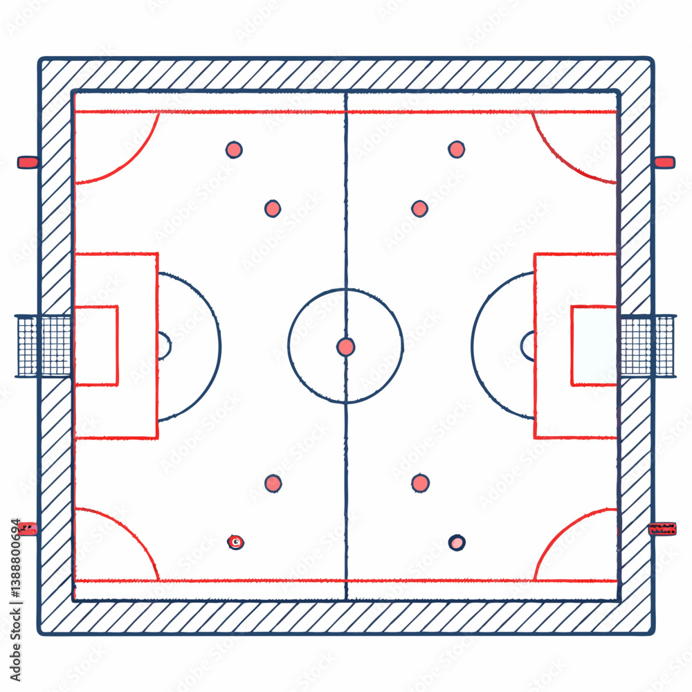 Poster create a vector illustration of a bold-stroked top-down view of a soccer/football field, emphasizing