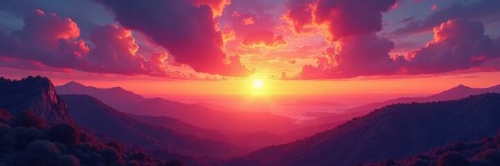 Fototapeta premium Vibrant hues paint breathtaking sunset panorama , amazing, atmospheric, serene