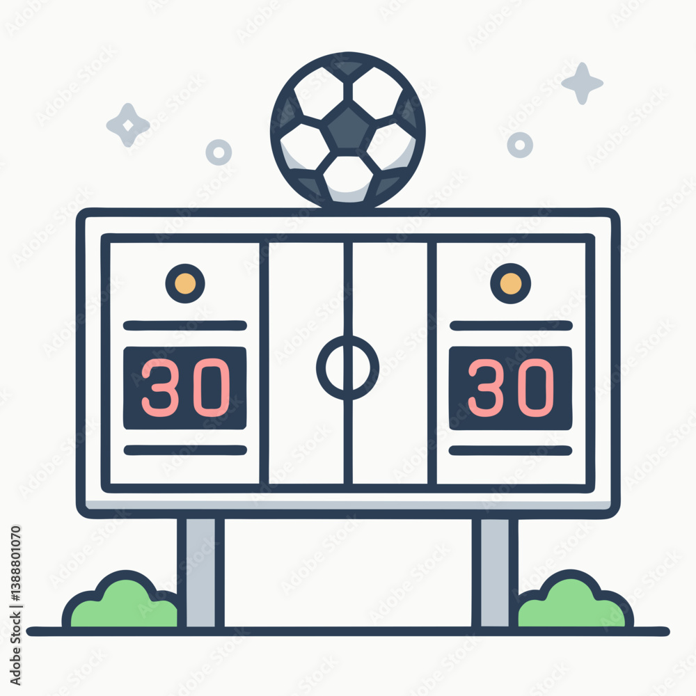 Poster create a bold, vector illustration of a classic soccer scoreboard with thick strokes, showing a scor