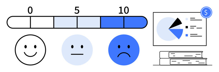 Rating scale from 0-10 with happy, neutral, and sad faces, pie chart with data insights, financial icon, and books. Ideal for feedback, performance, evaluation analytics finance research