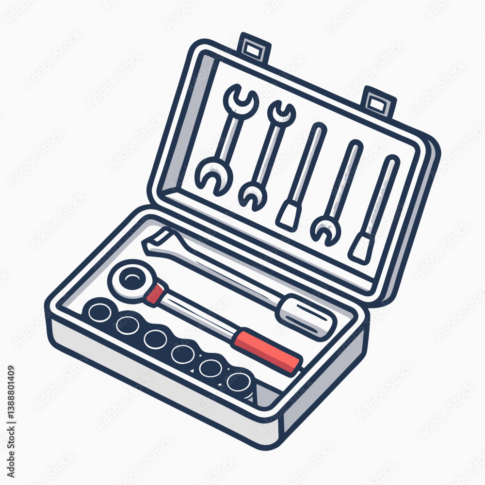 Poster create a vector illustration of a bold-stroke socket wrench set, emphasizing detailed outlines and s