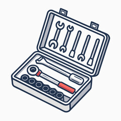 Create a vector illustration of a bold-stroke socket wrench set, emphasizing detailed outlines and strong contrast. Include various sizes.