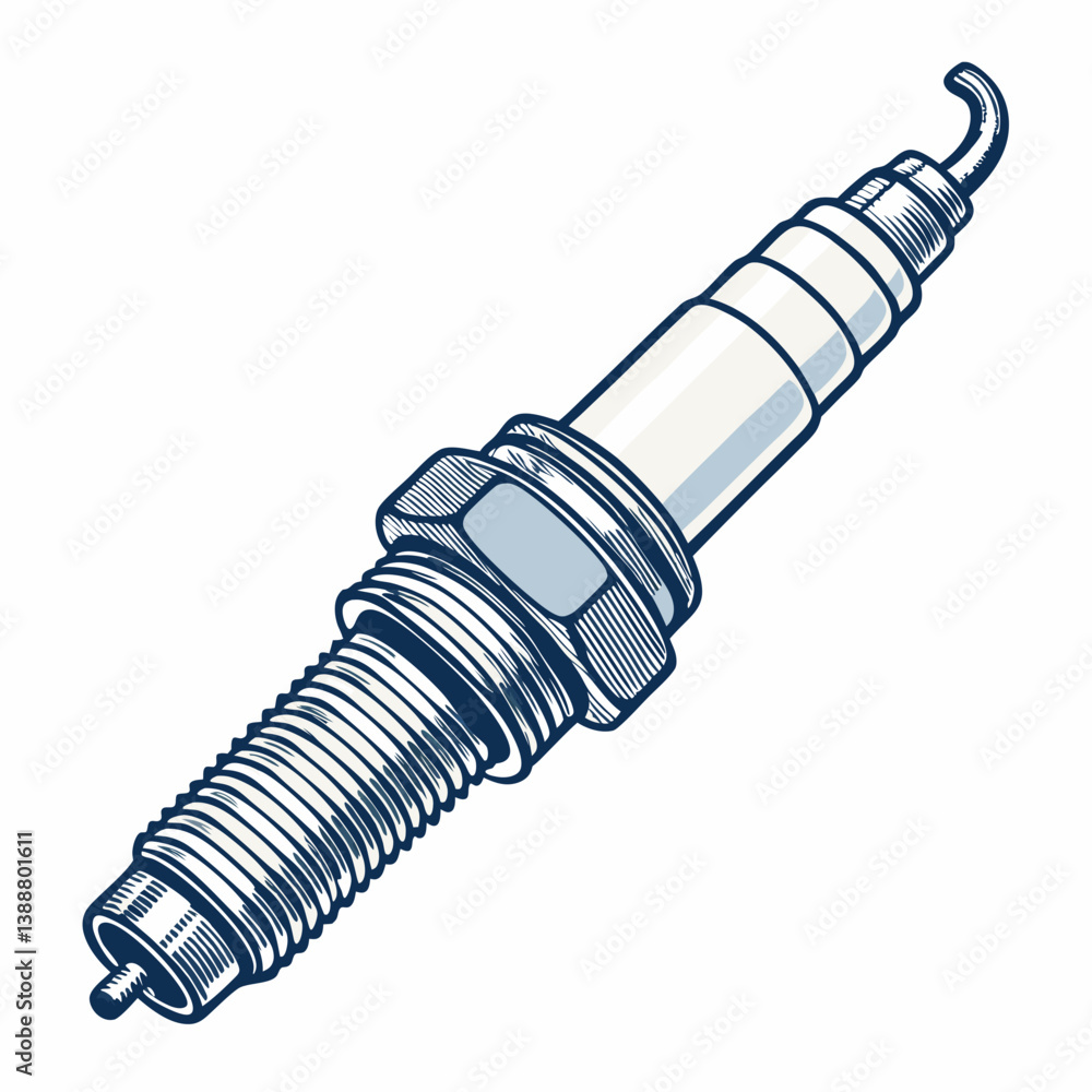 Poster create a bold, vector illustration of a spark plug with wire, emphasizing thick outlines and clean l