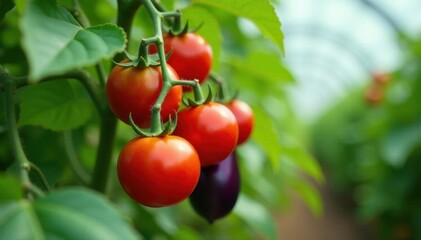 Red tomatoes and purple eggplants ripening on vine in greenhouse, farming, tomatoes, ripe